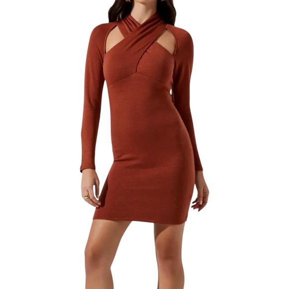 NWT ASTR The Label Wrap Neck Cutout Dress in Rosey Rust - Picture 2 of 12